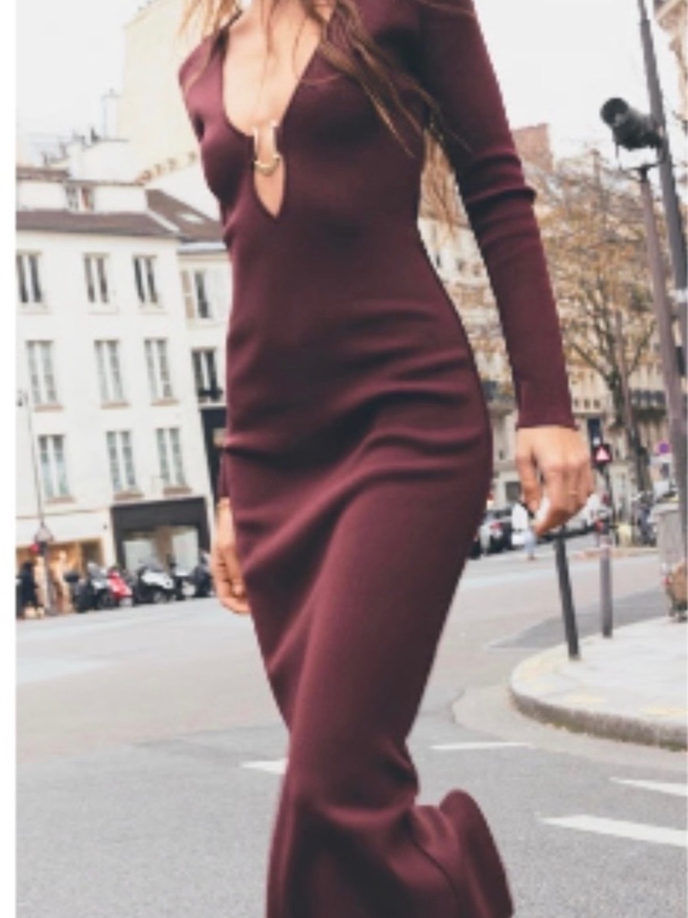 Zara Long-Sleeve Deep V Burgundy-Merlot Bodycon Dress
